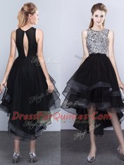 Scoop Sleeveless Backless Dress for Prom Black Tulle