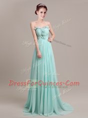 Apple Green Tulle Zipper Prom Party Dress Sleeveless With Brush Train Beading and Hand Made Flower