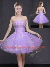 Vintage Sleeveless Organza Mini Length Lace Up Dress for Prom in Lavender with Appliques