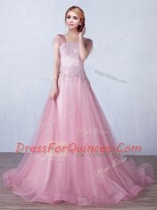 Super Strapless Sleeveless Tulle Appliques Brush Train Lace Up