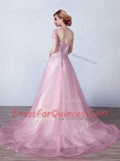 Super Strapless Sleeveless Tulle Appliques Brush Train Lace Up