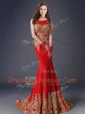 Mermaid Scoop With Train Red Dress for Prom Tulle Brush Train Sleeveless Appliques