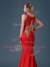 Mermaid Scoop With Train Red Dress for Prom Tulle Brush Train Sleeveless Appliques