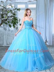 Fancy Sleeveless Organza Floor Length Lace Up Quince Ball Gowns in Baby Blue with Appliques
