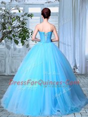 Fancy Sleeveless Organza Floor Length Lace Up Quince Ball Gowns in Baby Blue with Appliques