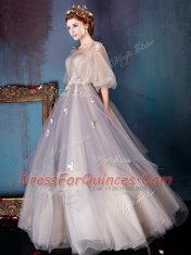Eye-catching Scoop Half Sleeves Tulle Dress for Prom Appliques Zipper