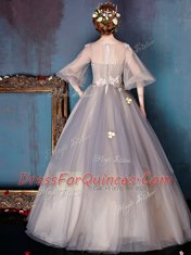 Eye-catching Scoop Half Sleeves Tulle Dress for Prom Appliques Zipper