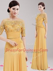 Extravagant Gold Evening Dress Prom and For with Appliques and Belt Scoop Half Sleeves Zipper