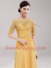 Extravagant Gold Evening Dress Prom and For with Appliques and Belt Scoop Half Sleeves Zipper