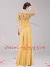 Extravagant Gold Evening Dress Prom and For with Appliques and Belt Scoop Half Sleeves Zipper