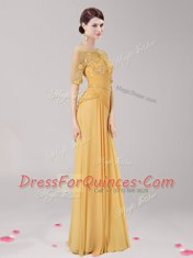 Extravagant Gold Evening Dress Prom and For with Appliques and Belt Scoop Half Sleeves Zipper
