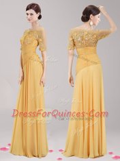 Extravagant Gold Evening Dress Prom and For with Appliques and Belt Scoop Half Sleeves Zipper