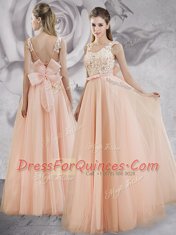 Classical Peach Prom Evening Gown Prom and Party and For with Appliques and Bowknot Straps Sleeveless Lace Up