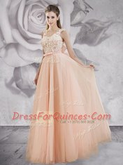 Classical Peach Prom Evening Gown Prom and Party and For with Appliques and Bowknot Straps Sleeveless Lace Up