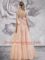 Classical Peach Prom Evening Gown Prom and Party and For with Appliques and Bowknot Straps Sleeveless Lace Up