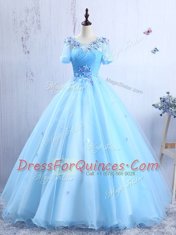 Scoop Short Sleeves Lace Up Prom Dresses Baby Blue Organza