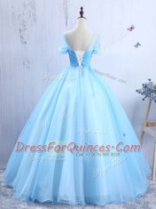 Scoop Short Sleeves Lace Up Prom Dresses Baby Blue Organza