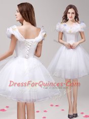 White Prom Party Dress Prom and Party and For with Appliques and Ruffles Off The Shoulder Sleeveless Lace Up