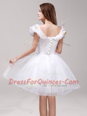 White Prom Party Dress Prom and Party and For with Appliques and Ruffles Off The Shoulder Sleeveless Lace Up