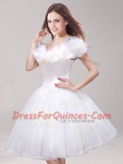 White Prom Party Dress Prom and Party and For with Appliques and Ruffles Off The Shoulder Sleeveless Lace Up
