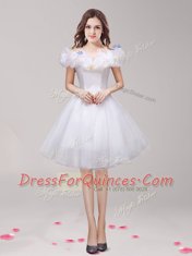 White Prom Party Dress Prom and Party and For with Appliques and Ruffles Off The Shoulder Sleeveless Lace Up
