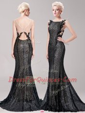 Best Selling Mermaid Black Sequined Clasp Handle Square Sleeveless With Train Evening Dress Brush Train Appliques and Sequins