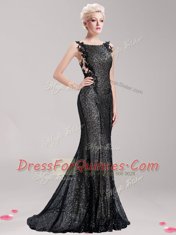 Best Selling Mermaid Black Sequined Clasp Handle Square Sleeveless With Train Evening Dress Brush Train Appliques and Sequins