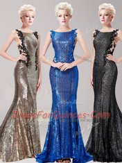 Best Selling Mermaid Black Sequined Clasp Handle Square Sleeveless With Train Evening Dress Brush Train Appliques and Sequins