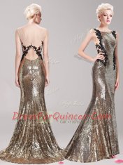 Mermaid Square Clasp Handle Sequined Sleeveless With Train Prom Gown Brush Train and Appliques and Sequins