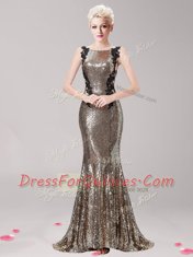 Mermaid Square Clasp Handle Sequined Sleeveless With Train Prom Gown Brush Train and Appliques and Sequins