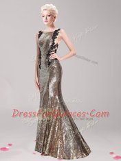 Mermaid Square Clasp Handle Sequined Sleeveless With Train Prom Gown Brush Train and Appliques and Sequins