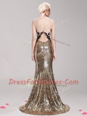 Mermaid Square Clasp Handle Sequined Sleeveless With Train Prom Gown Brush Train and Appliques and Sequins
