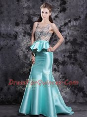 Fabulous Mermaid Aqua Blue Homecoming Dress Scoop Sleeveless Brush Train Zipper