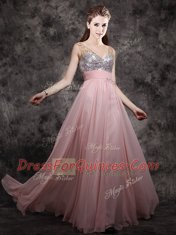 Floor Length Baby Pink Prom Dresses Chiffon Sleeveless Beading and Sequins