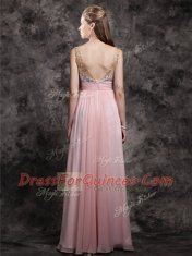 Floor Length Baby Pink Prom Dresses Chiffon Sleeveless Beading and Sequins