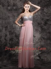 Floor Length Baby Pink Prom Dresses Chiffon Sleeveless Beading and Sequins