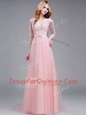 Lace and Bowknot Baby Pink Zipper 3 4 Length Sleeve With Brush Train