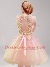 Fantastic Halter Top Sleeveless Tulle Mini Length Backless in Multi-color with Ruffles and Hand Made Flower