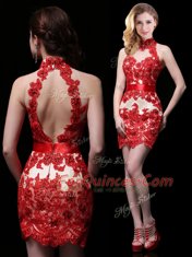 Halter Top Sleeveless Brush Train Backless Evening Dress Coral Red Chiffon and Lace