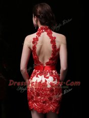 Halter Top Sleeveless Brush Train Backless Evening Dress Coral Red Chiffon and Lace