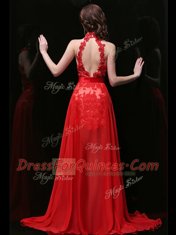 Halter Top Sleeveless Brush Train Backless Evening Dress Coral Red Chiffon and Lace