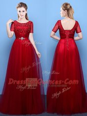 Scoop Wine Red Short Sleeves Floor Length Beading Lace Up Dress for Prom