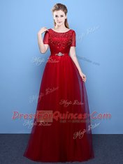 Scoop Wine Red Short Sleeves Floor Length Beading Lace Up Dress for Prom