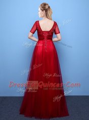 Scoop Wine Red Short Sleeves Floor Length Beading Lace Up Dress for Prom