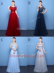 Scoop Wine Red Short Sleeves Floor Length Beading Lace Up Dress for Prom