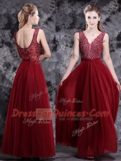 Flirting Wine Red V-neck Neckline Beading Prom Gown Sleeveless Side Zipper