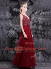 Flirting Wine Red V-neck Neckline Beading Prom Gown Sleeveless Side Zipper