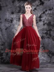 Flirting Wine Red V-neck Neckline Beading Prom Gown Sleeveless Side Zipper