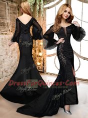 Fancy Black Mermaid Satin and Lace V-neck Long Sleeves Lace With Train Zipper Homecoming Dress Brush Train