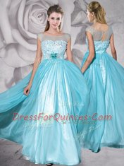 Eye-catching Floor Length Aqua Blue Evening Dress Bateau Cap Sleeves Zipper